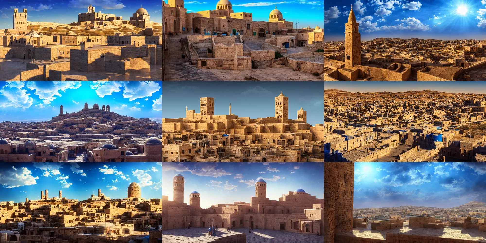 Prompt: artstation scene, citadel of erbil, old town mardin, kurdistan, bright blue sky, light bloom, atmospheric, dynamic ultrawide angle, dutch tilt, cinematic composition, detailed textures, painterly fantasy concept art