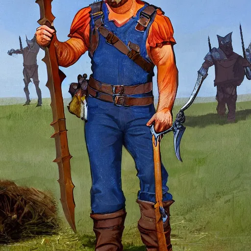 Prompt: hardwon surefoot, hirsute epic level dnd human fighter, wielding a magical sword, wearing magical overalls. thick quads. full character concept art, realistic, high detail digital gouache painting by angus mcbride and michael whelan.