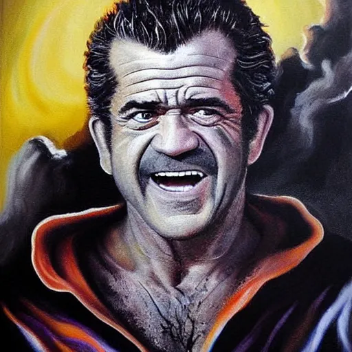 Prompt: Mel Gibson emerging from the depths of hell, dramatic painting, trending on arstation