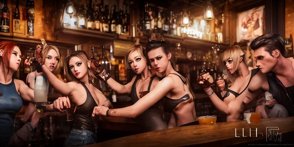 Image similar to a photo of a bar fight inside a pub between attractive cosplayers, Leica, symmetrical faces, muscles, detailed faces, accurate faces, 4k, 3D render, hyperrealism, editorial, photorealistic, crisp details, sharp focus, wide angle lens, octane render, cinematic lighting