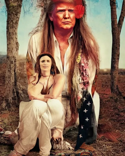 Prompt: if donald trump became a hippie, photoshoot in the style of annie leibovitz, hyperreal