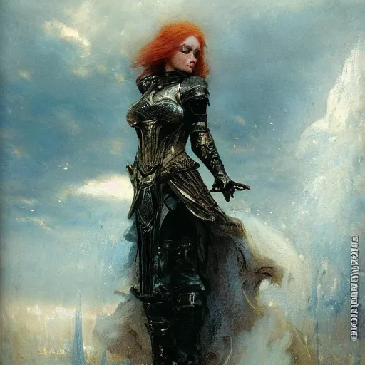 Image similar to young short redhead woman wearing black ornamented medieval armour, bare leg, detailed, by gaston bussiere, bayard wu, greg rutkowski, giger, maxim verehin, greg rutkowski, masterpiece, sharp focus, cinematic lightning