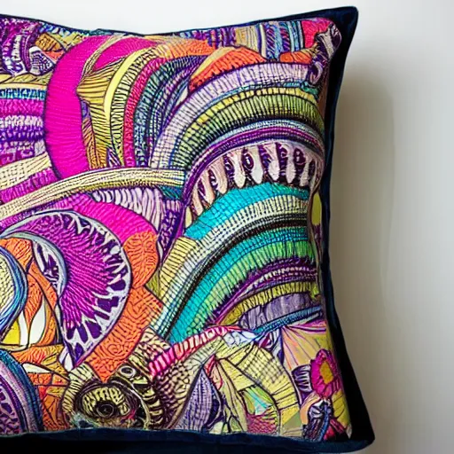 Prompt: a unique and amazing pillow, product shot, intricate, fine detail, full maximalist print, bright colours