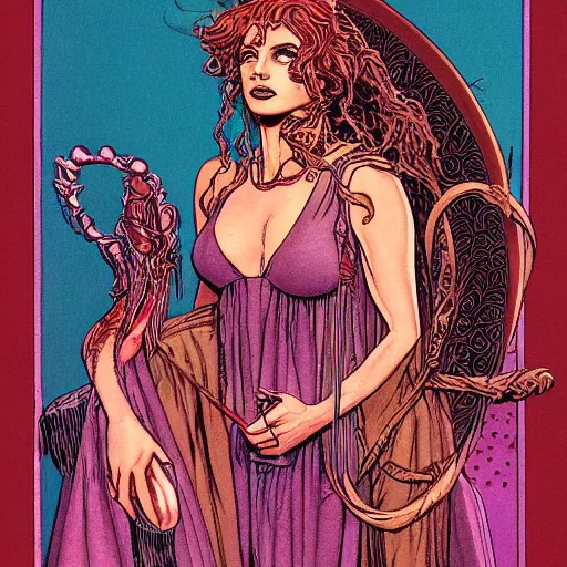 Image similar to half - length portrait of beautiful witch circe in the odyssey, art by moebius