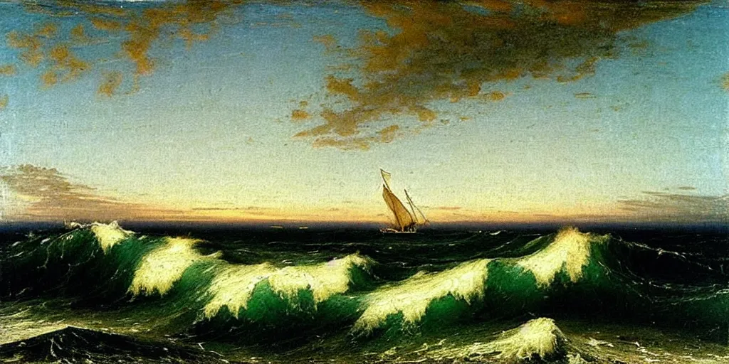 Image similar to “ ( ( ( ( ( rough waves on the ocean at night, the boat is on fire ) ) ) ) ) painted by john frederick kensett!!!!!!!!!! ”