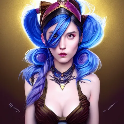 Image similar to a Portrait of JINX from League of Legends, blue hair, pigtail, intricate, elegant, highly detailed, digital painting, concept art, smooth, sharp focus, illustration, art by artgerm and greg rutkowski and alphonse mucha,artstation,deviantart,FAN ART,Unreal Engine,face enhance,8K,golden ratio,cinematic lighting H 704