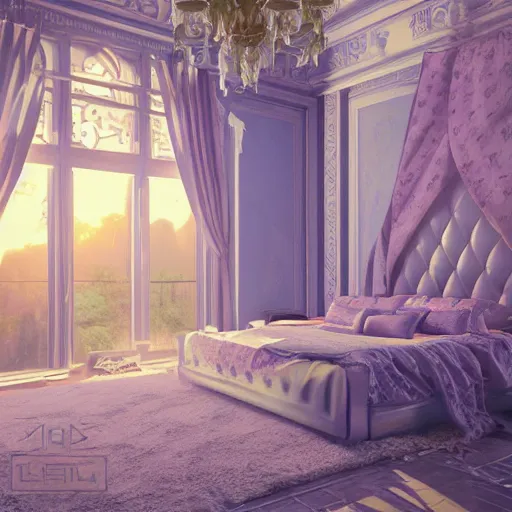 Image similar to vaporwave bedroom, beautiful detail, mansion, liminal space, high detail, rendered in unreal engine, 3d render, god rays, volumetric lighting, mansion, interior, large windows, vegetation