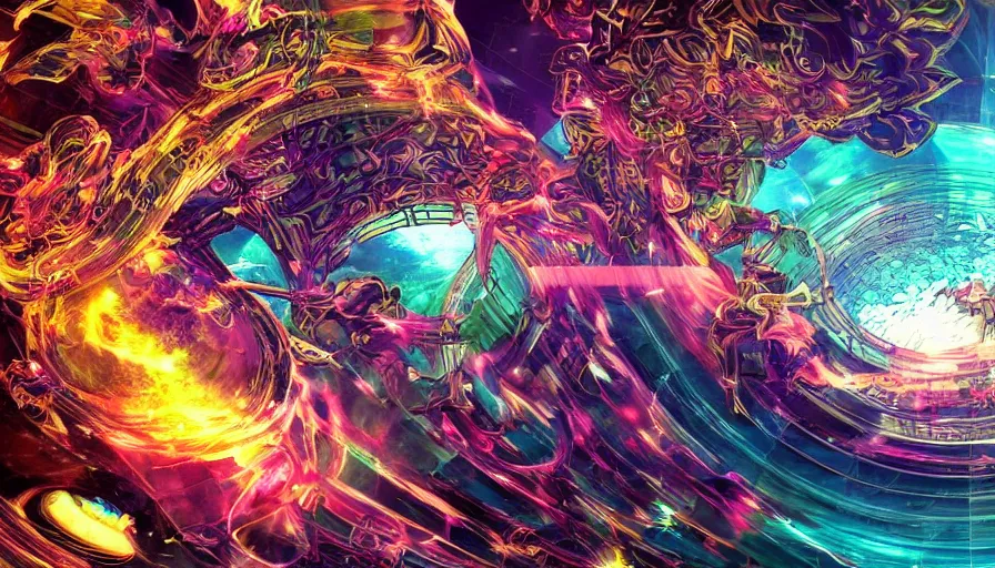 Image similar to female anime character The Android Kannon Mindar Leviathan awakening from Japan in a Radially Symmetric Alien Megastructure turbulent bismuth glitchart Atmospheric Cinematic Environmental Architectural Desi