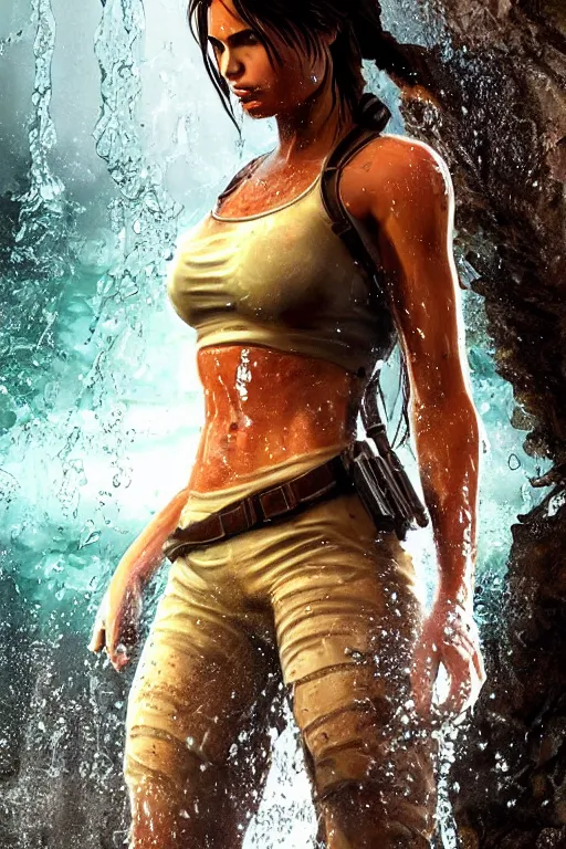 Prompt: portrait of a beautiful lara croft, drenched body, wet dripping hair, emerging from the water, fractal crystal