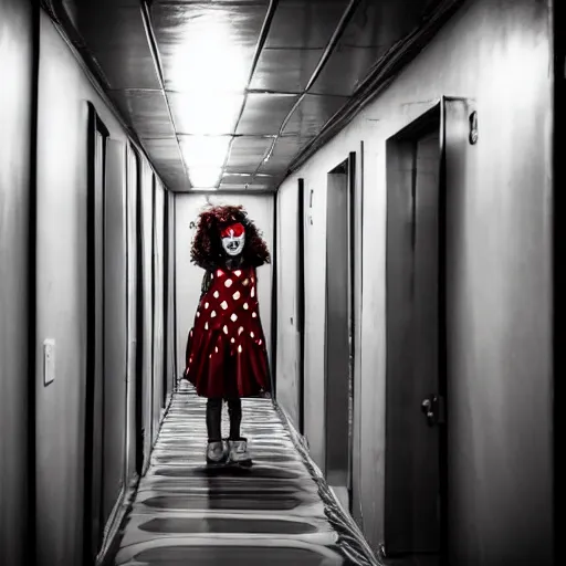 Prompt: Clown girl in a hallway of mirrors