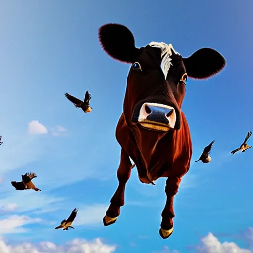 Image similar to a cow with bird wings flying in the sky