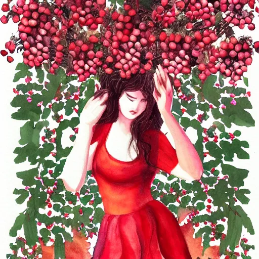 Image similar to Persephone surrounded by pomegranates, beautiful, elegant, watercolor, render, trending on artstation