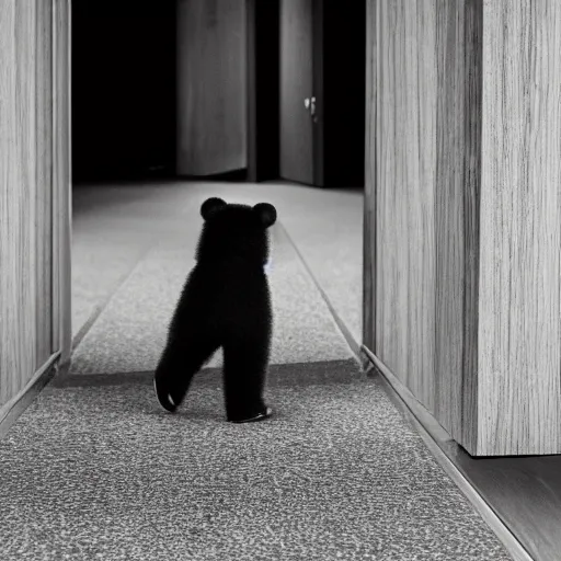 Image similar to dark photograph of a small bear mascot walking through a large wooden doorway