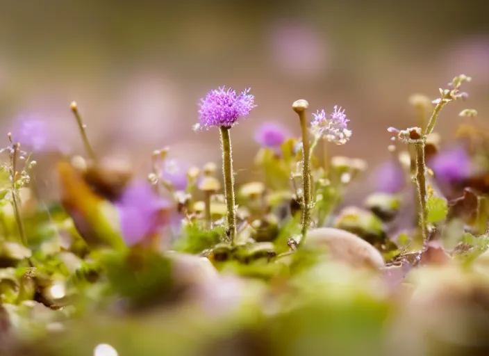 Image similar to a fantasy forest on an alien planet with delicate flowers and mushrooms that glow in the dusk, macro close up, bokeh,