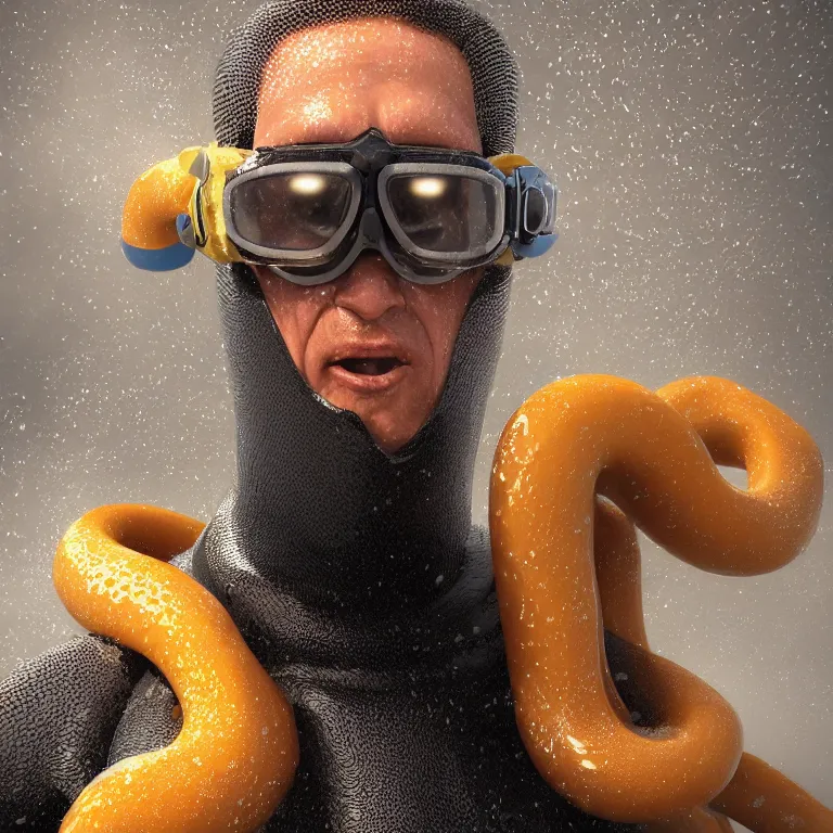 Image similar to octane render portrait by wayne barlow and carlo crivelli and glenn fabry, subject is a man in a wet suit with goggles with giant long golden octopus tentacles coming out of their mouth, cinema 4 d, ray traced lighting, very short depth of field, bokeh