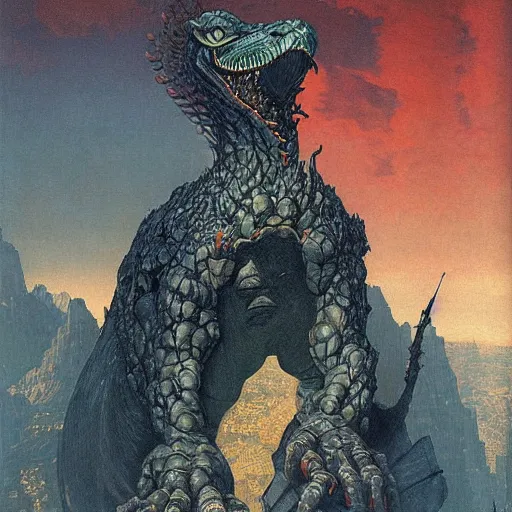 Image similar to portrait of immense, majestic, surreal, terrifying yoshi!!! standing triumphant over the city, perfectly clear face, by j. c. leyendecker, bosch, and beksinski