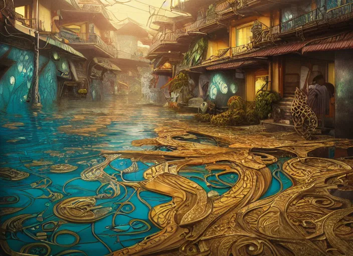 Image similar to art nouveau favela, underwater environment, scenery, professional, award - winning, trending on artstation, hyper detailed, realistic, beautiful, emotional, shiny, golden, picture