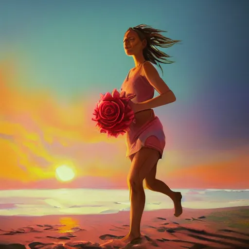 Image similar to portrait, giant rose flower head, woman running at the beach, surreal photography, sunrise, blue sky, dramatic light, impressionist painting, digital painting, artstation, simon stalenhag