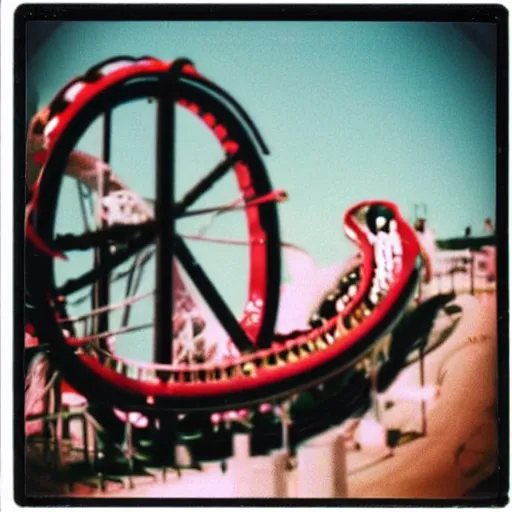 Prompt: black cat in a rollercoaster. the cat looks happy. sunlight. polaroid photo. saturated colors.