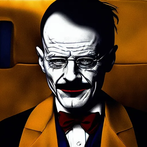 Image similar to walter white wearing the joker suit