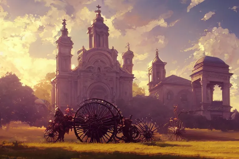 Image similar to a mobile driving ornate baroque church mounted on chainwheels, scene in an open field. key visual, conceptart, ambient lighting, highly detailed, digital painting, artstation, concept art, sharp focus, by makoto shinkai and akihiko yoshida and greg manchess