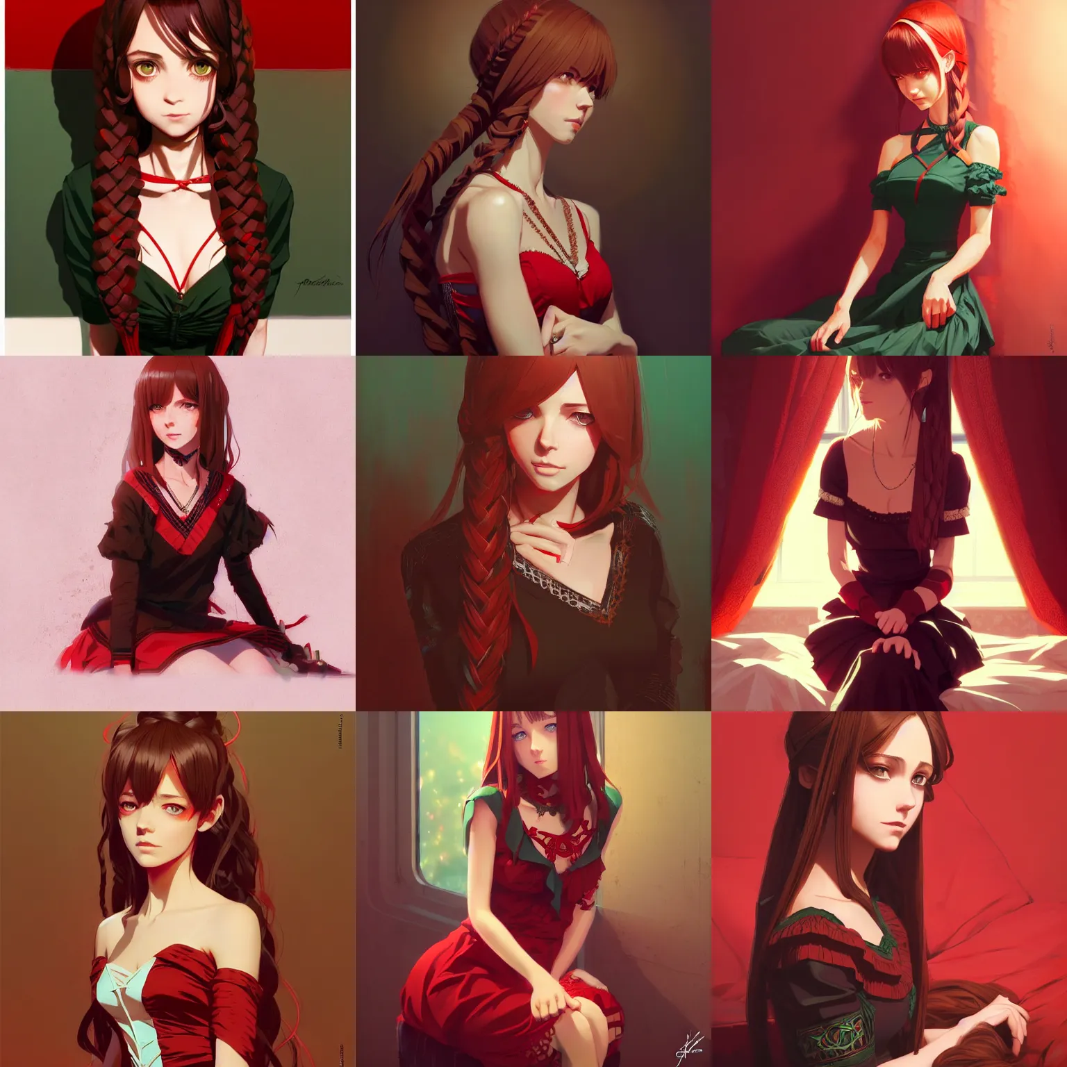 Prompt: beautiful womanwith braided brown hair and green eyes, wearing an elegant dress, sitting on her bed, black and red colors, highly detailed, in the style of and ilya kuvshinov and greg rutkowski, high quality anime artstyle, intricate