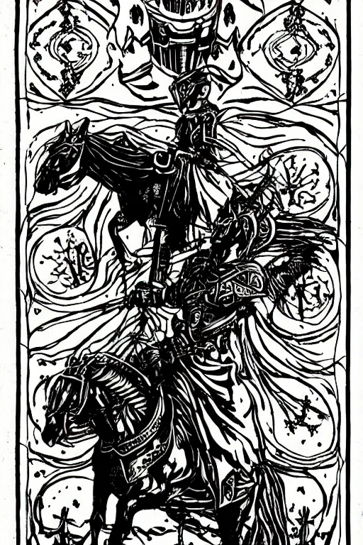 Prompt: self - transforming machine elf riding horse and holding chalice in the style of nordic noir television, dmt fractal tiling across the background, double exposure film, black and white kodak portra, knight of cups, vintage etteilla tarot