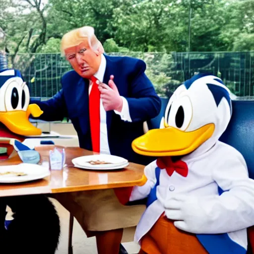 Prompt: donald trump eating lunch with donald duck