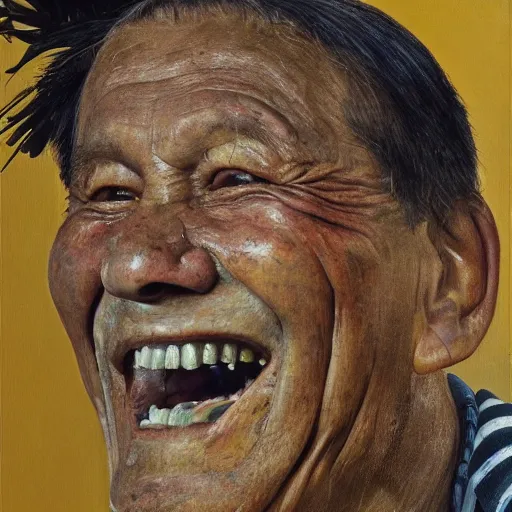 Image similar to high quality high detail painting by lucian freud, hd, portrait of a indigenous tribe leader laughing, photorealistic lighting