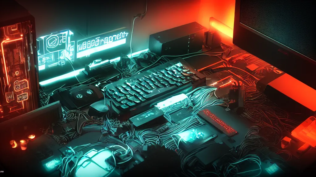 Image similar to a cyberpunk overpowered computer. Overclocking, watercooling, custom computer, cyber, mat black metal, alienware, futuristic design, desktop computer, desk, home office, whole room, minimalist, Beautiful dramatic dark moody tones and lighting, orange neon, Ultra realistic details, cinematic atmosphere, studio lighting, shadows, dark background, dimmed lights, industrial architecture, Octane render, realistic 3D, photorealistic rendering, 8K, 4K, computer setup, highly detailed