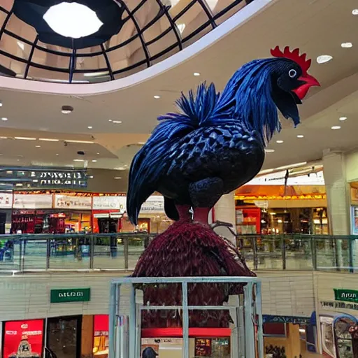 Prompt: giant rooster next to a small rooster inside a shopping mall