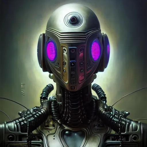 Image similar to front shot of a cyberpunk gazmask robot character, intricate, elegant, highly detailed, centered, digital painting, artstation, concept art, smooth, sharp focus, illustration, artgerm, Tomasz Alen Kopera, Peter Mohrbacher, donato giancola, Joseph Christian Leyendecker, WLOP, Boris Vallejo