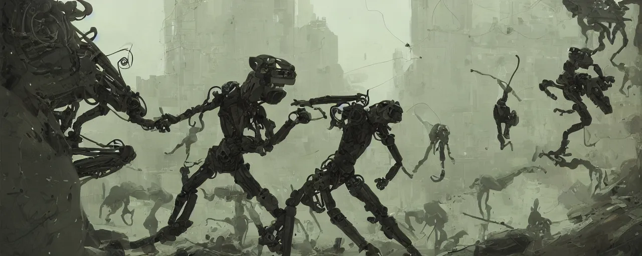 Prompt: duotone olive green grey illustration 3 / 4 portrait of gollum kun fu fighting with boston dynamics robots. dynamic chaotic composition accidental renaissance golden ratio. by sachin teng and sergey kolesov and ruan jia and heng z. graffiti art, scifi, fantasy, hyper detailed. octane render. concept art. trending on artstation