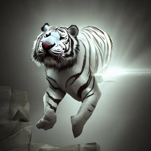 Image similar to a low - poly render of an all white tiger with no stripes in a dynamic action pose dwelling in the spirit realm, low poly 3 d, octane render, dramatic dreamlike lighting, all white render, no textures, angular energetic background elements, angular dynamic white rock floor, artgerm, unreal engine, artgerm, artstation, ross tran