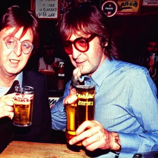 Prompt: Paul Mccartney and old thin John Lennon wearing round glasses drinking beer at a dirty pub, 1990s, polaroid