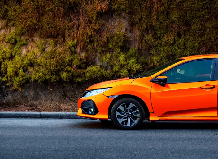 Prompt: a orange Honda Civic with tinted windows in the Bay Area California, dusk, high definition