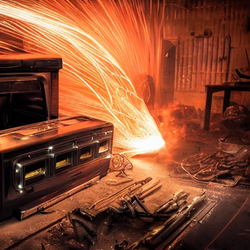 Image similar to overcharging toaster oven, tangles of metallic cables, dark messy smoke - filled cluttered workshop, dark, dramatic lighting, orange tint, sparks, plasma charges, cinematic, highly detailed, sci - fi, futuristic, movie still