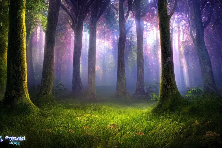 Image similar to A beautiful enchanted forest. There is a cosmic portal. Cinematic lighting. Photorealism.