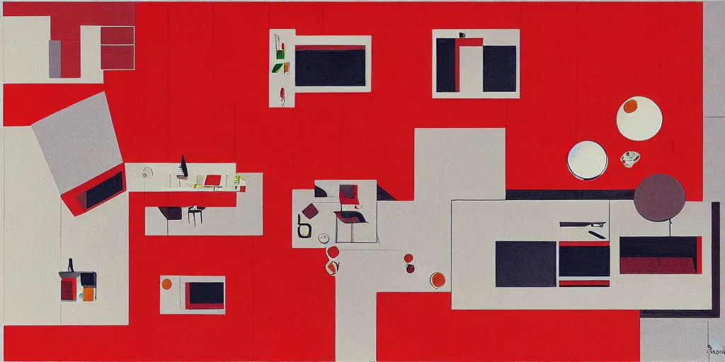 Prompt: modernist interior, seen from above, by René Laloux, line brush, red, plain background