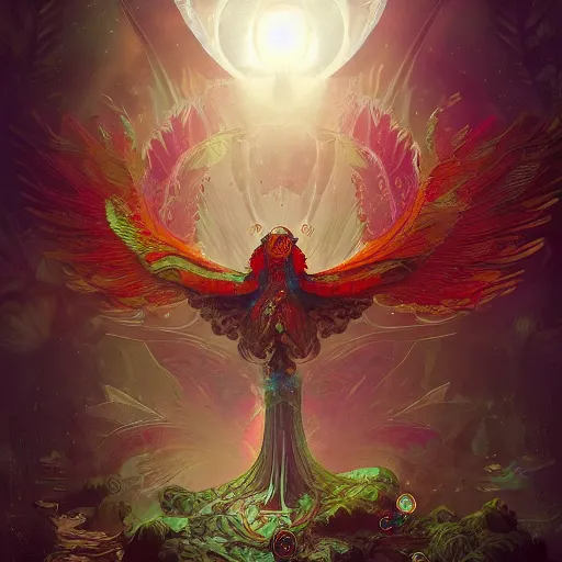 Image similar to the solarpunk phoenix, red bird, ornate egg, regeneration, landscape, epic composition, volumetric light, bokeh, inspired by peter mohrbacher and by alphonse mucha