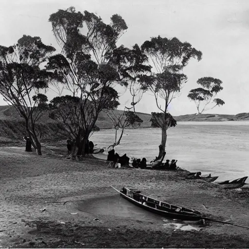 Prompt: From this bay the course by boat into the Hutt River, and up the branches into which it divides, was most interesting and picturesque. A pa stood at the mouth of the river on the eastern side, with large warcanoes drawn up on the beach, while at the hill-foot were tall stages, from which hung great quantities of fish in the process of sun-drying. New Zealand, 1840s, Māori. Sunrise. Film photo.