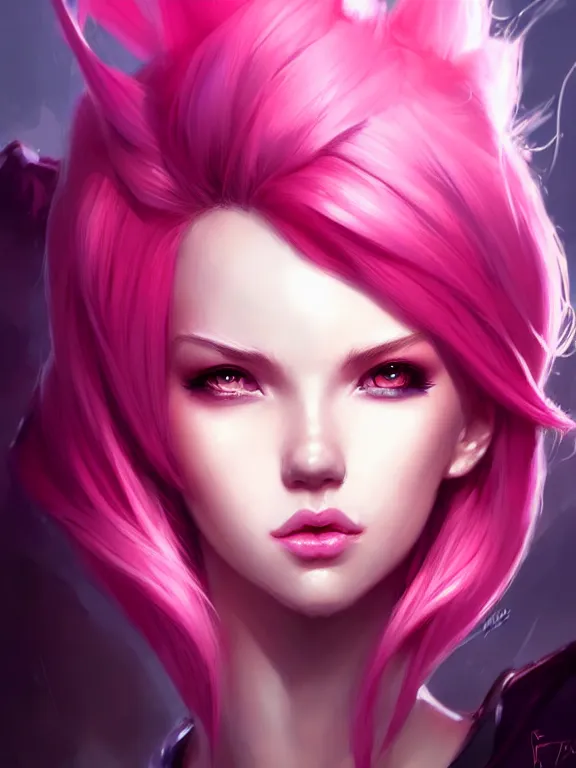 Prompt: a League of Legends FAN ART Portrait of VI, pink hair, short hait, elegant, highly detailed, digital painting, concept art, smooth, sharp focus, illustration, by Patrice murciano ,artstation,deviantart,Unreal Engine,face enhance,8K,golden ratio,cinematic lighting