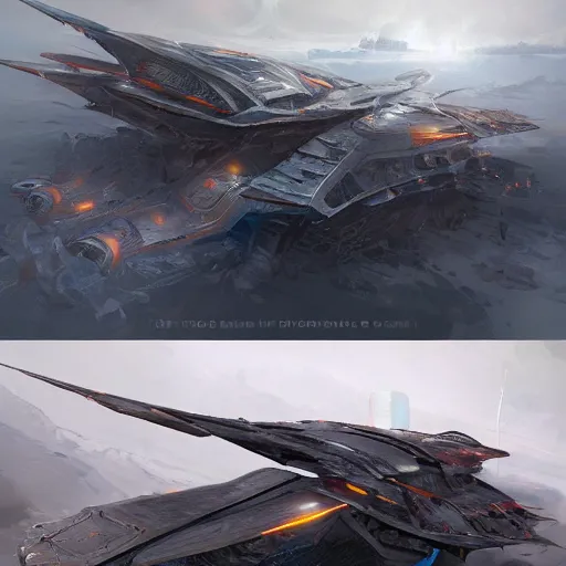 Prompt: concept art for a futuristic space ship flying through a warzone, trending on artstation, hyperdetailed