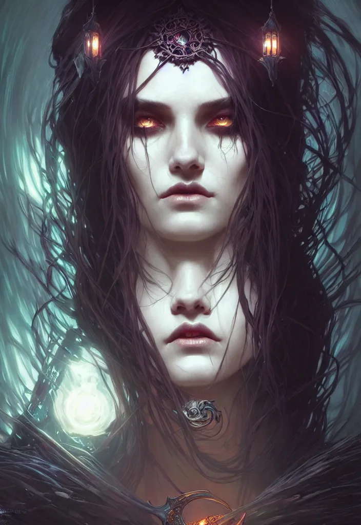 Image similar to Necromancer Sorceress face in center, fantasy magic, undercut hairstyle, dark light night, intricate, elegant, sharp focus, illustration, highly detailed, digital painting, concept art, matte, art by WLOP and Artgerm and Greg Rutkowski and Alphonse Mucha, masterpiece