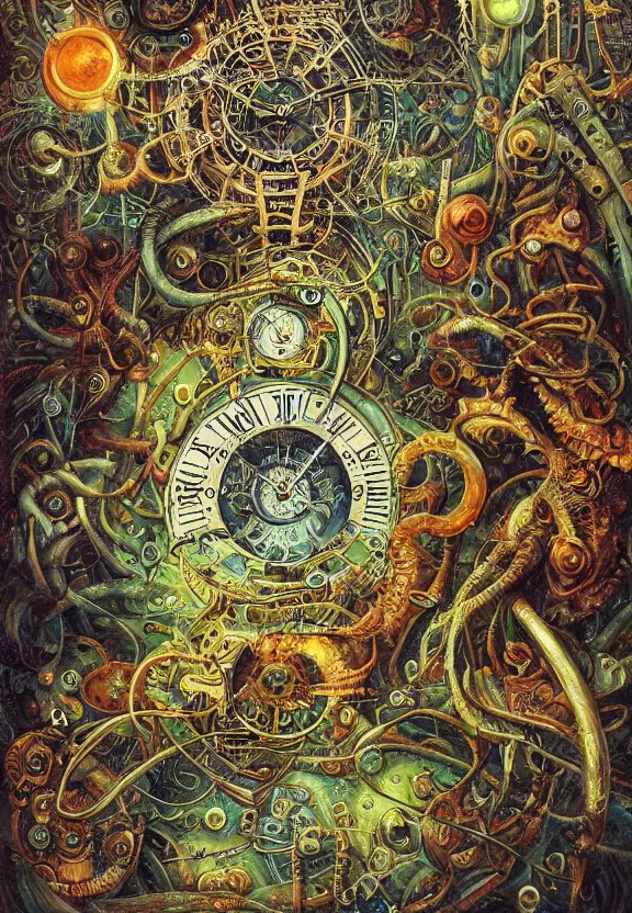 Prompt: simplicity, elegant, muscular eldritch clockwork, machinery, industry, radiating, colorful mandala, psychedelic, overgrown garden environment, by ryan stegman and hr giger and esao andrews and maria sibylla merian eugene delacroix, gustave dore, thomas moran, pop art, street art, graffiti, saturated