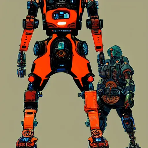 Image similar to cyberpunk athlete dude with robotic feet. orange and black color scheme. concept art by james gurney and mœbius. apex legends character art