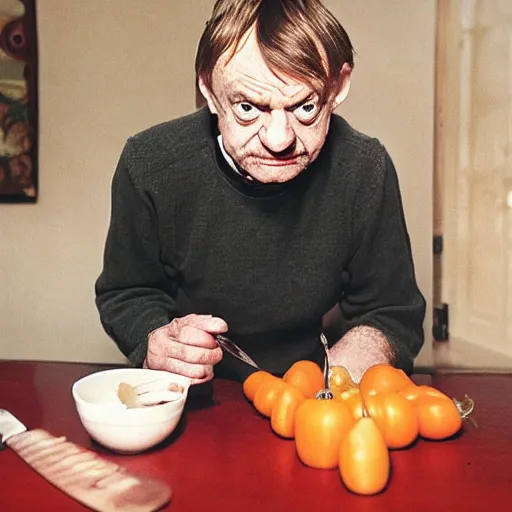 Image similar to mark e smith sitting at a table eating a big pile of vegetables, fork and knife in hand, drooling and licking and smacking his lips, photograph