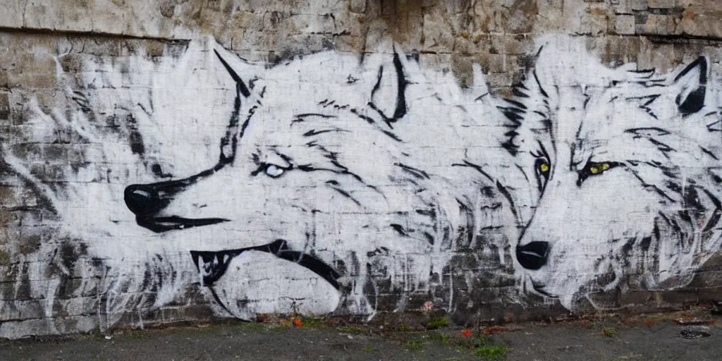 Prompt: Graffiti from a white Wolf on a wall