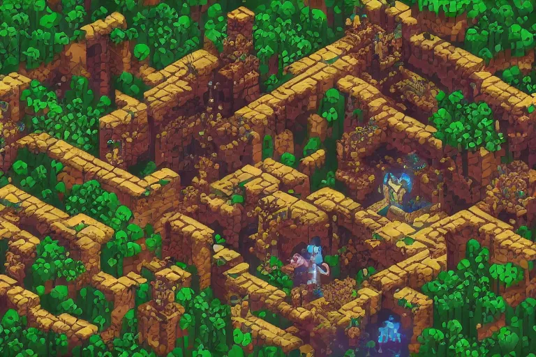 Prompt: isometric dungeon gold and iron cluster cave, 2D, pixel art, 16bit, tactical game, artstation, perfect composition, 2D sprite characters, fantasy, magical atmosphere, matte-painting