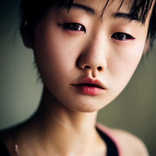 Image similar to beautiful gorgeous Japanese edgy model girl with short hair, she's sad, sunset, 80mm lens, 1.2 aperture, grainy image, close up, cinematic light, very detailed, depressing atmosphere, cover magazine